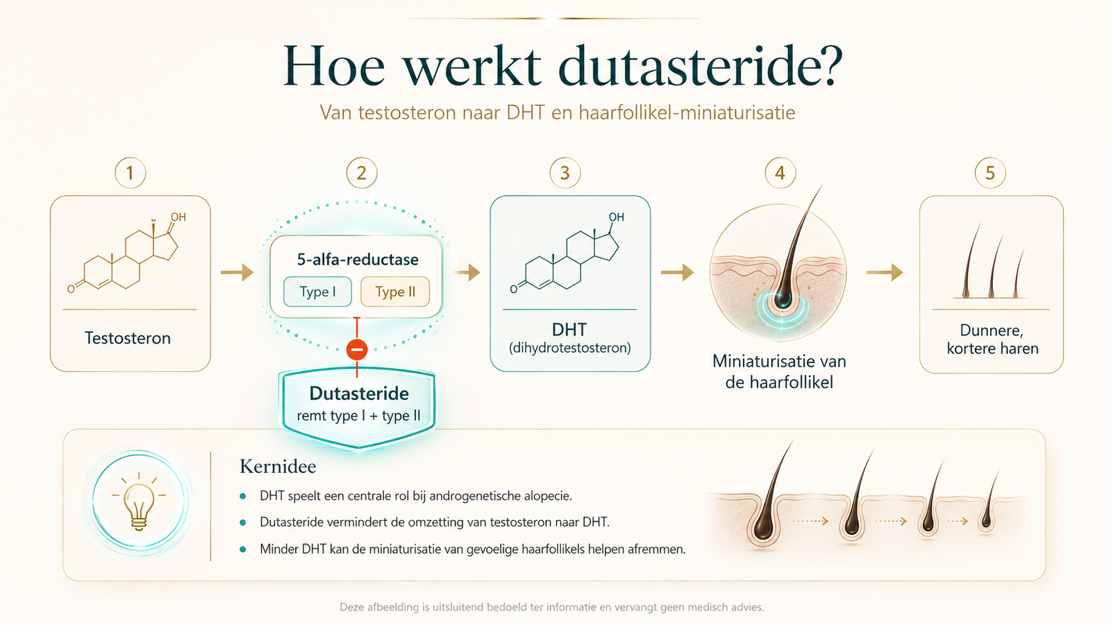 Infographic: hoe dutasteride de omzetting van testosteron naar DHT remt en zo haarfollikel-miniaturisatie kan helpen afremmen