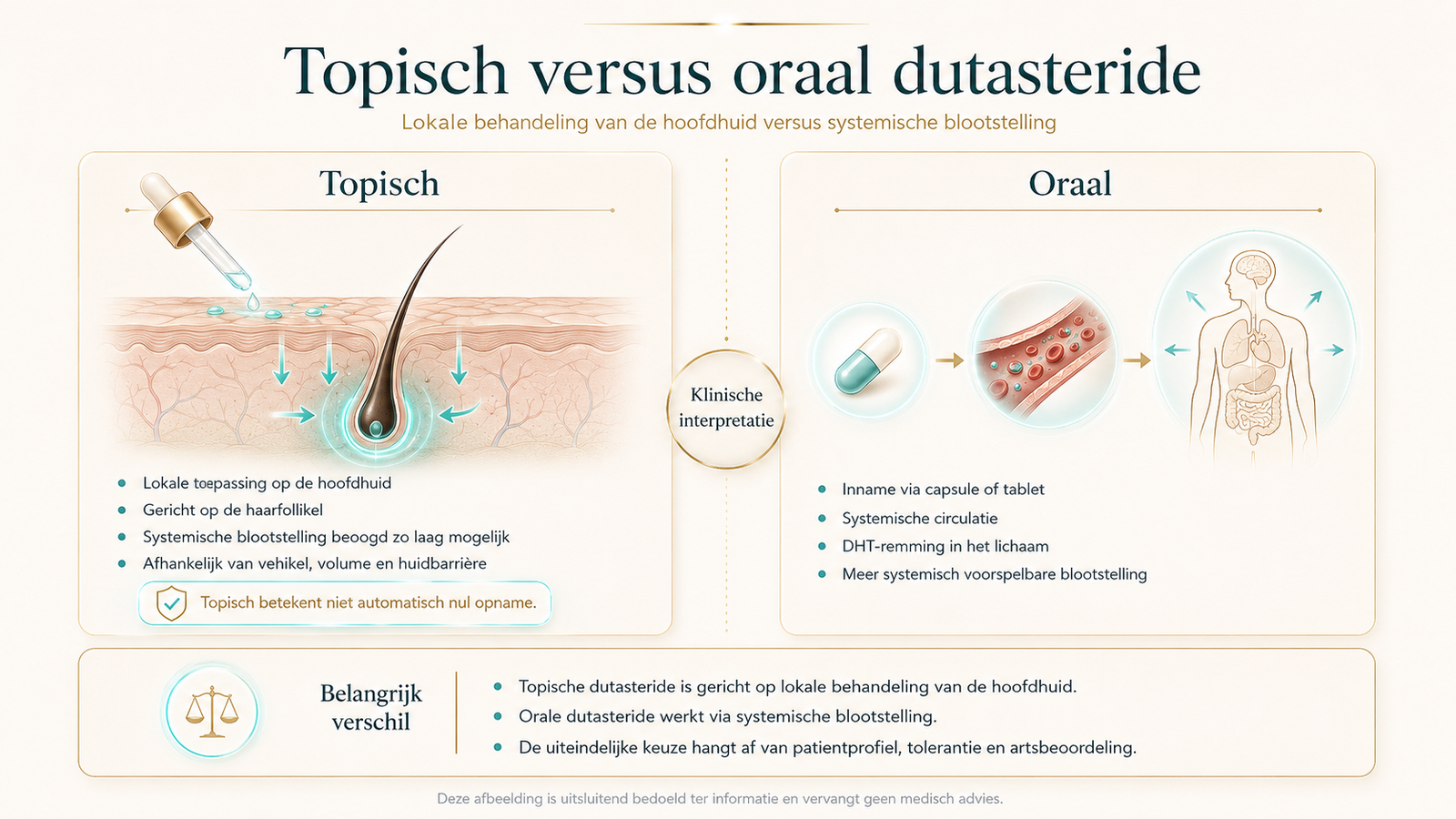 Infographic: vergelijking tussen topische en orale dutasteride, lokale behandeling versus systemische blootstelling