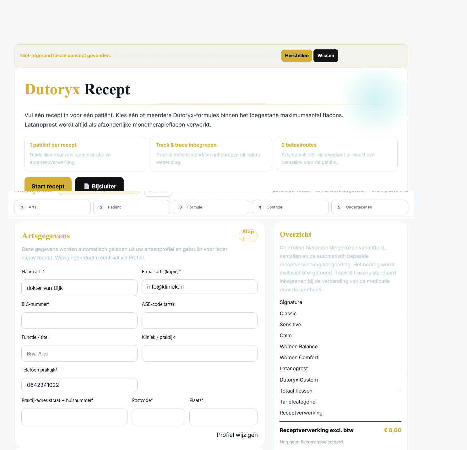 Dutoryx artsenportaal pagina voor het aanmaken van een patiëntgebonden recept